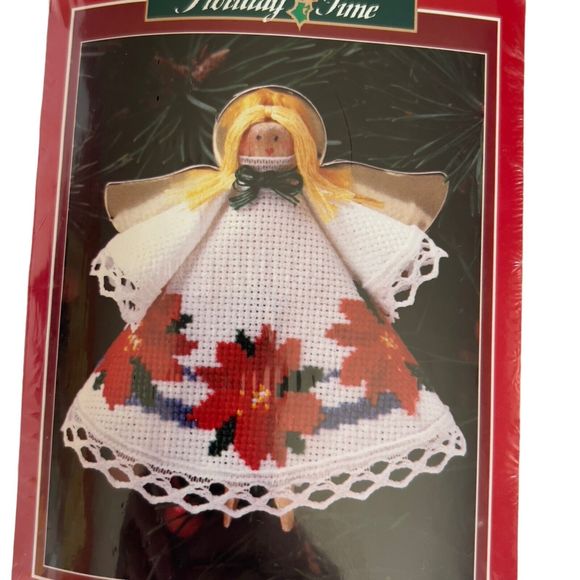 VTG Holiday Time Christmas Angels Poinsettias Cross Stitch‎ Kit #351452 Ornament - Picture 2 of 4